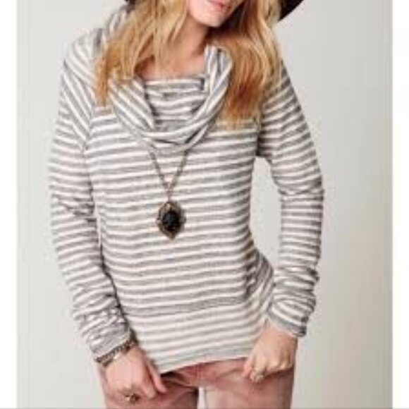 Free People Cozy Striped Factory Distressed Raw Edge Cowlneck Top Shirt Large - Picture 1 of 3